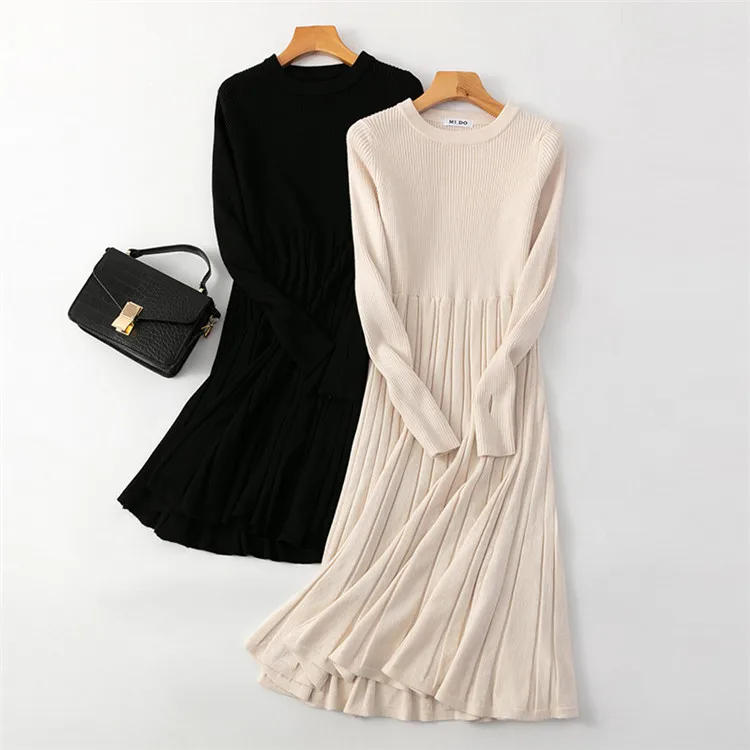 

2021 European and American new solid color knitted dress with large swing A-line skirt