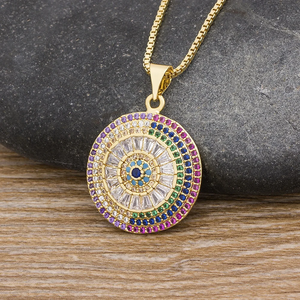 

New Design Turkish Evil Eye Round Pendant Trendy Girs Micro Pave CZ Lucky Jewelry Colorful Necklace Best Birthday Party Gifts, Gold