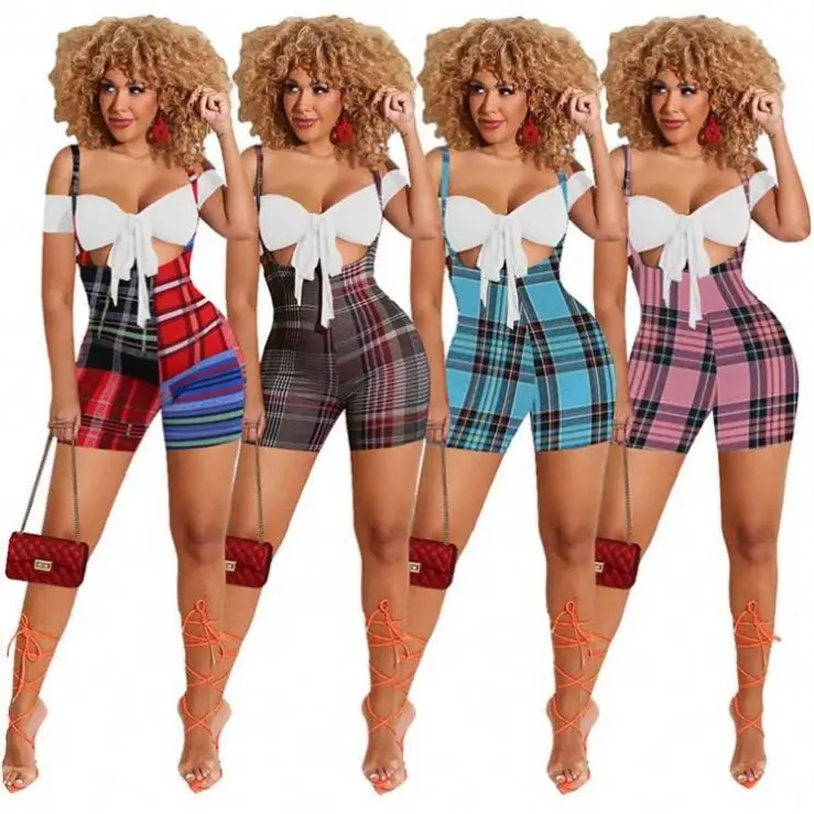 

CK Amazon 2021 Off The Shoulder Tops Suspender Plaid Pants Summer Womens 2 Piece Shorts Set