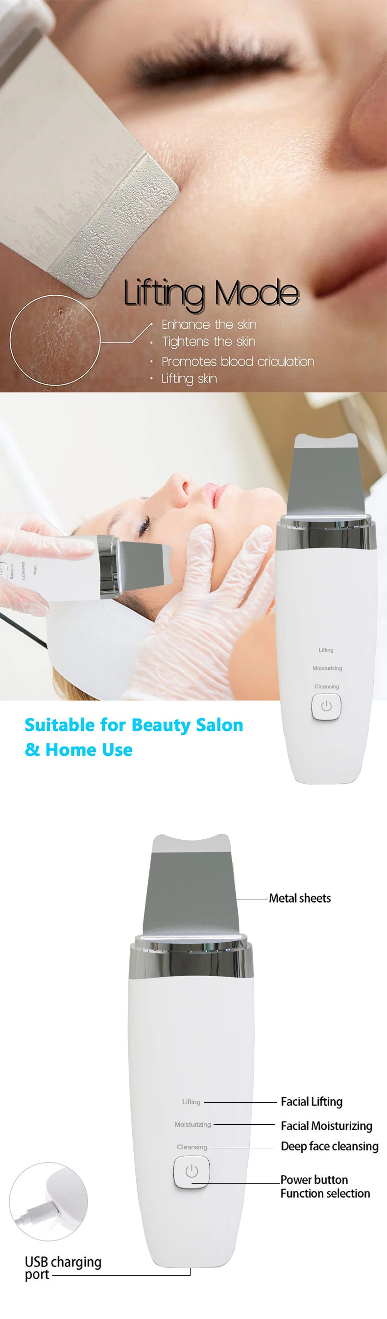 Portable Ultrasonic Ultrasound Beauty Machines Skin Peeling Scrubber