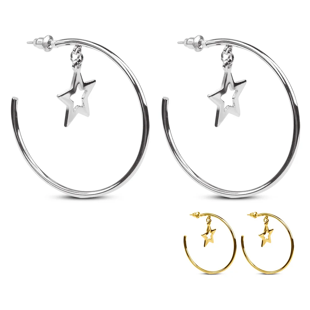 

Women Fashion Jewelry Stainless Steel Oversize Large Dangling Hoop Gold Plated Star Earrings, Steel/gold