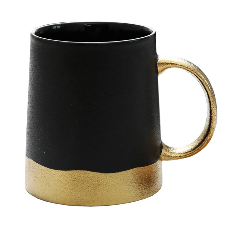 

Wholesale Retro Frosted Gold Rim Ceramic Mug With Lid And Spoon, All black,gold rim