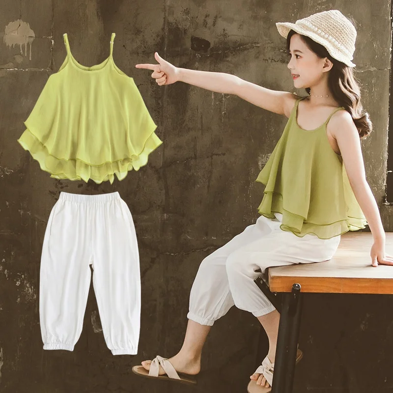 

B62842A Summer set 2020 new style small top kids summer wear elegant two-piece set, As picture