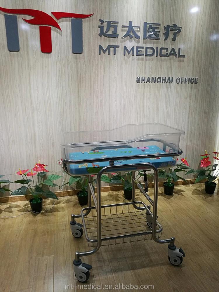 Hospital stainless steel Steel Coating Baby Cart Infant Bed Baby Cot Baby Trolley With Wheels