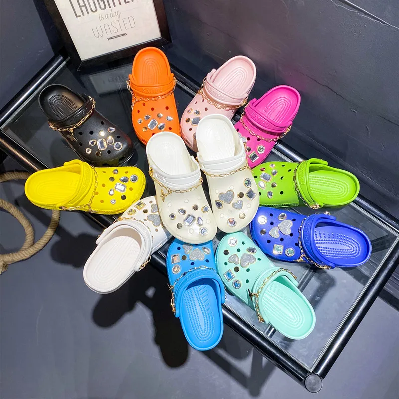

Luxury Women Pink Clogs Mules Classic Clogs Sports Sandals Slipper Shoes Transparent Clogs Crocs With Crystal Charms, As pictures