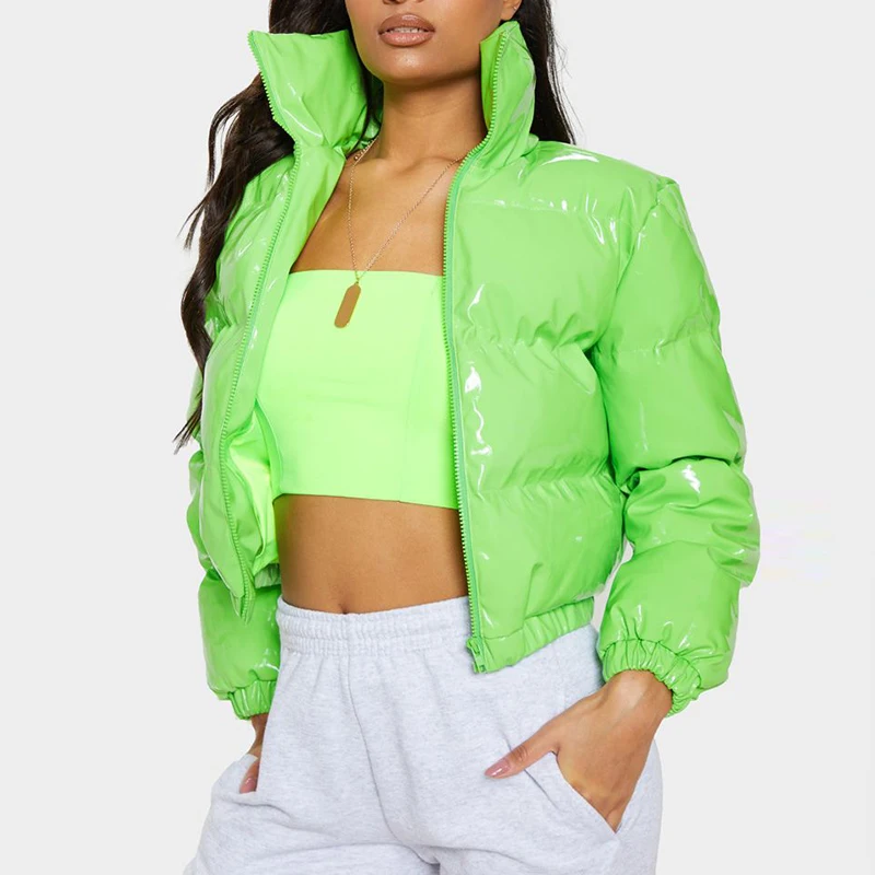 

neon green shinny cropped long sleeve women bubble winter coat puffer jacket, As pic