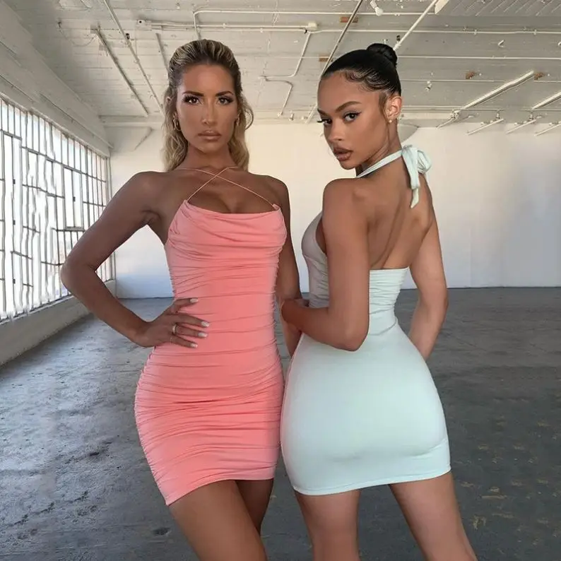 

Summer Stacked Drawstring crinkled Party Mini Dresses Women Solid Clubwear 2021 Birthday Outfits Sexy Strap Bodycon Dress, As picture shown or customized following customer design