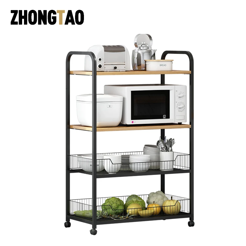 

4 layer kitchen storage containers rack shelf rolling cart dish drainer rack microwave oven stand, Black