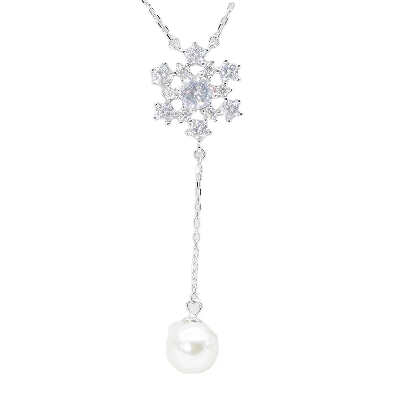 

Long Pendant Snowflake With Pearl Necklace K Plated SilverChain Cubic Zircon Jewelry Set