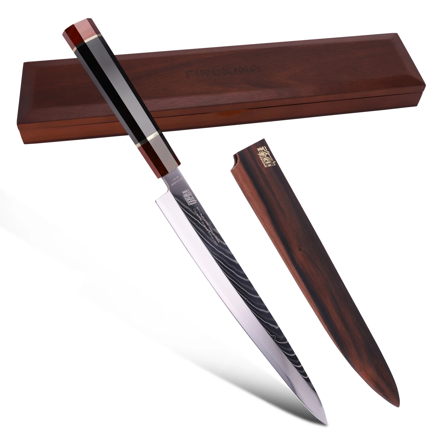 

10.5" Yanagiba Knife by Findking-Prestige series-67 layers Japanese SKD11 damascus steel w/octagon handle sushi knife, Black, customizable