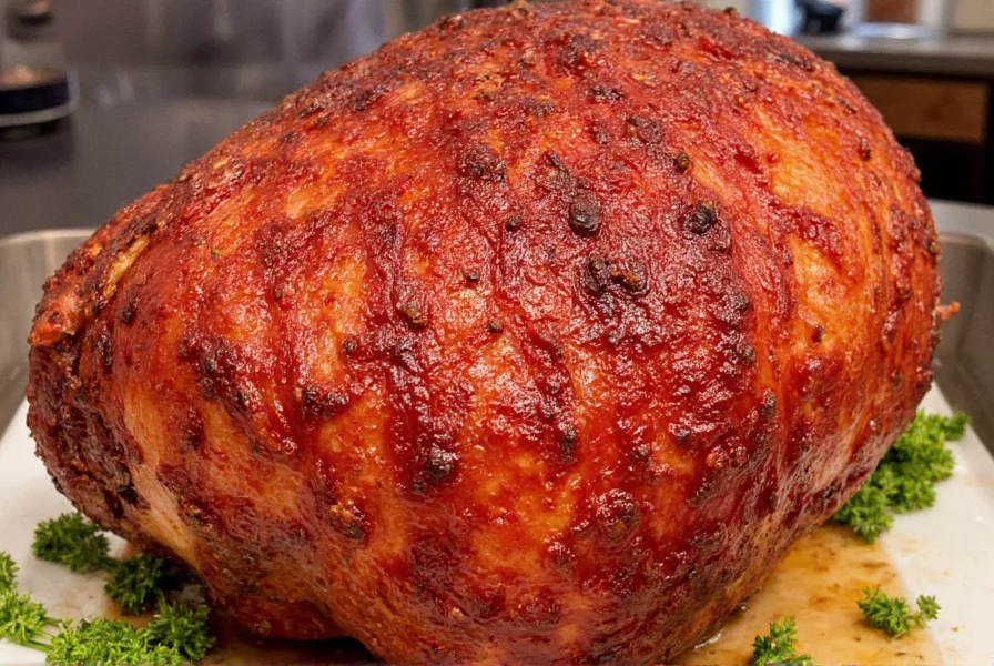 Finished baked ham with glossy Dr Pepper glaze showing perfect caramelization