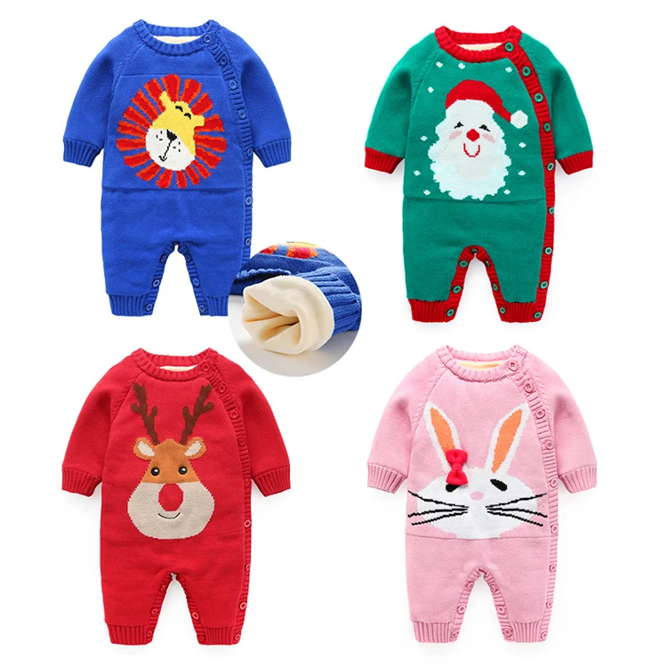 
cartoon jacquard thickening knit baby sweater rompers winter baby clothes baby romper 