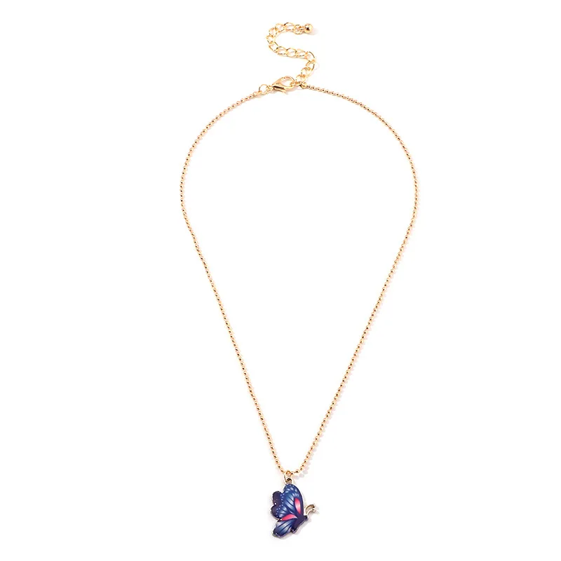

European Fashion Colorful Painting Butterfly Necklace Long Bead Chain Oil Dripping Butterfly Pendant Necklace For Girls