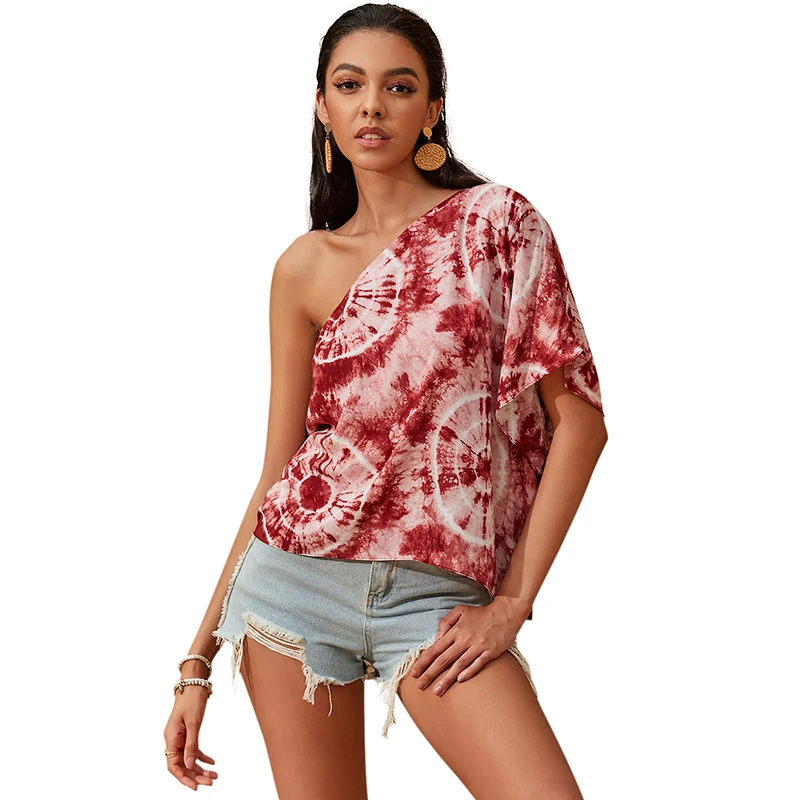 

Casual female irregular shirt chiffon diagonal shoulder tie-dye printing blouse half sleeve one-shoulder printed women t-shirt, Customized