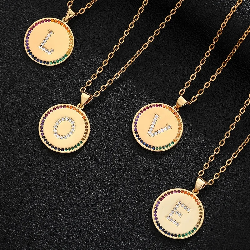 

Fashion Gold Plating Stainless Steel Initial Letter Coin Pendant Necklace Cubic Zirconia Crystal 26 Initial Alphabet Necklace
