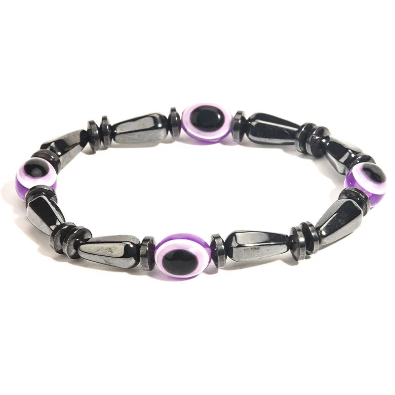 

Fashion Irregular Magnetic Hematite Stone Beaded Bracelets Healing Energy Purple Resin Stretch Evil Eyes Beads Bracelets