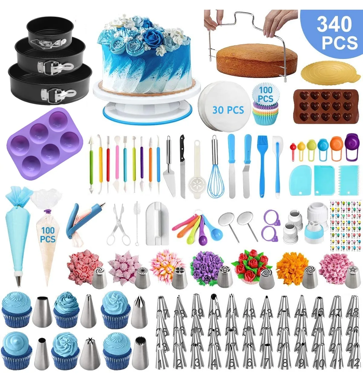 

Cake Decorating Supplies 340 Pcs Cake Decorating Kit With Cake Pans/cake Turntable Piping Tips/russian Nozzles Muffin Cup Mold, Picture