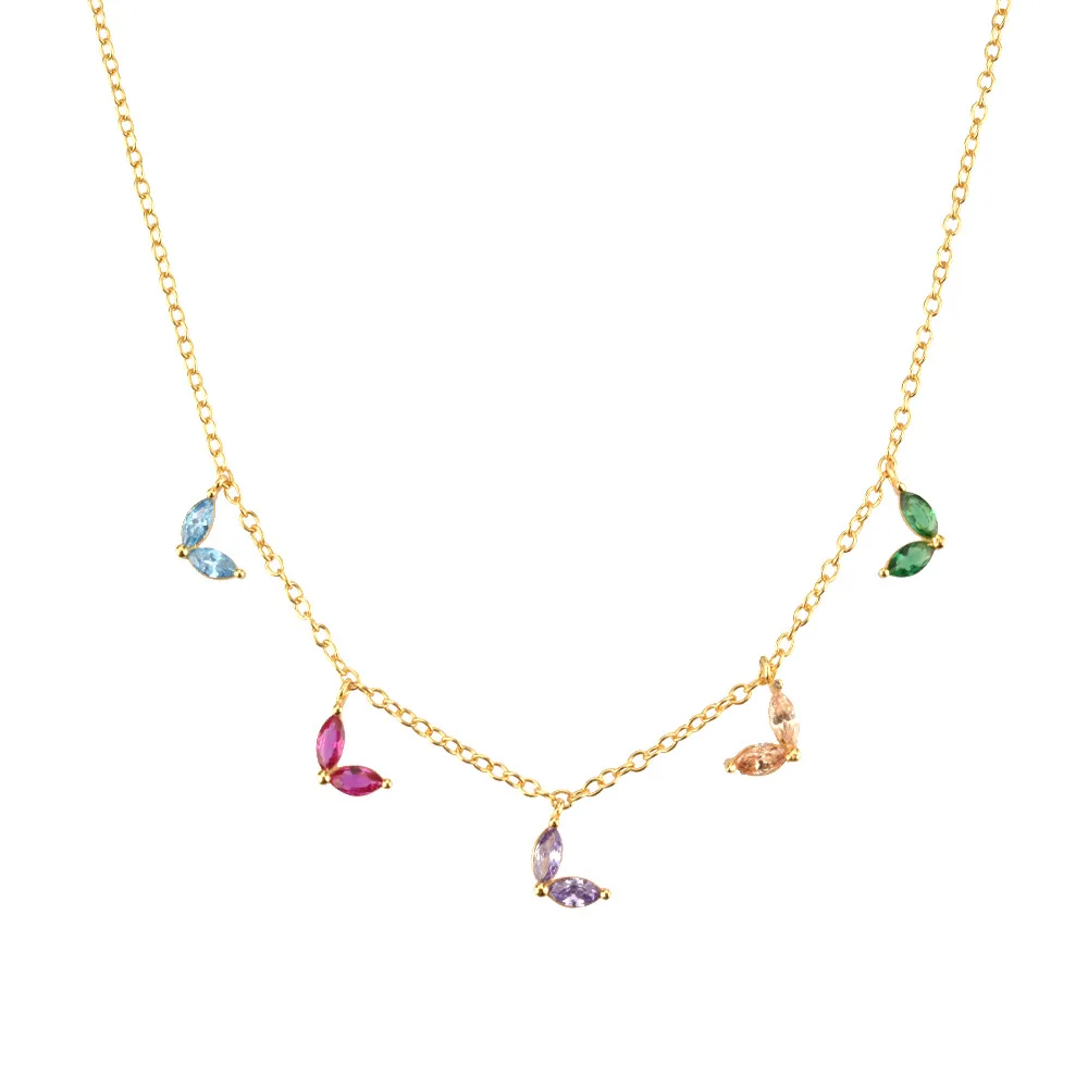 

S925 Sterling Silver Leaf Necklace Color Zirconium Pendant Scarf Long Necklace Rainbow color zircon Leaf necklace