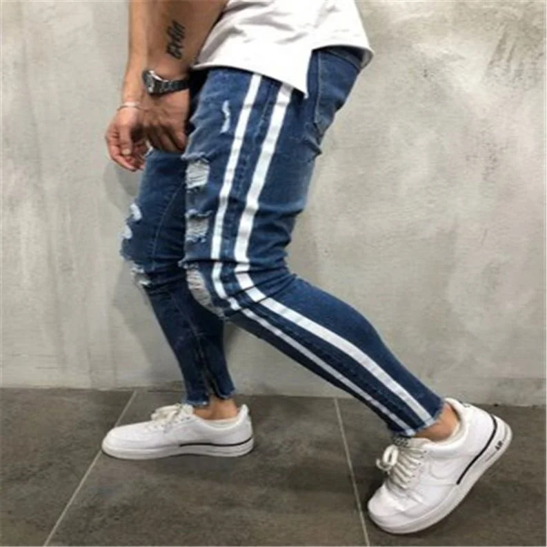 

Voogue Fashion Casual Men's knee hole jeans men's small feet jeans, Customized color