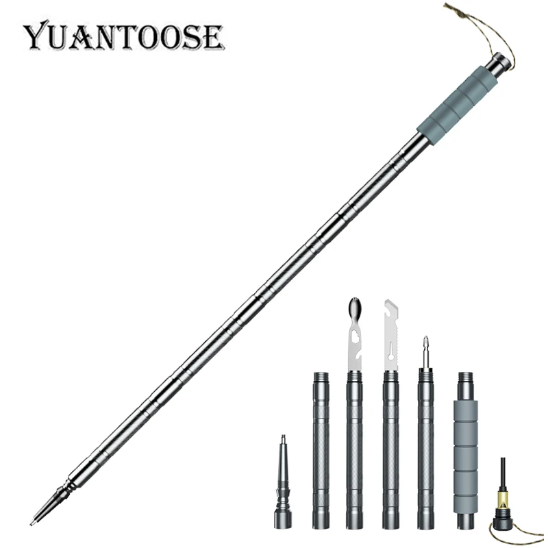 

Folding Walking Stick Walking Cane Hiking Carbon Tungsten Steel Self-defense Stick With Small Spoon, Grey
