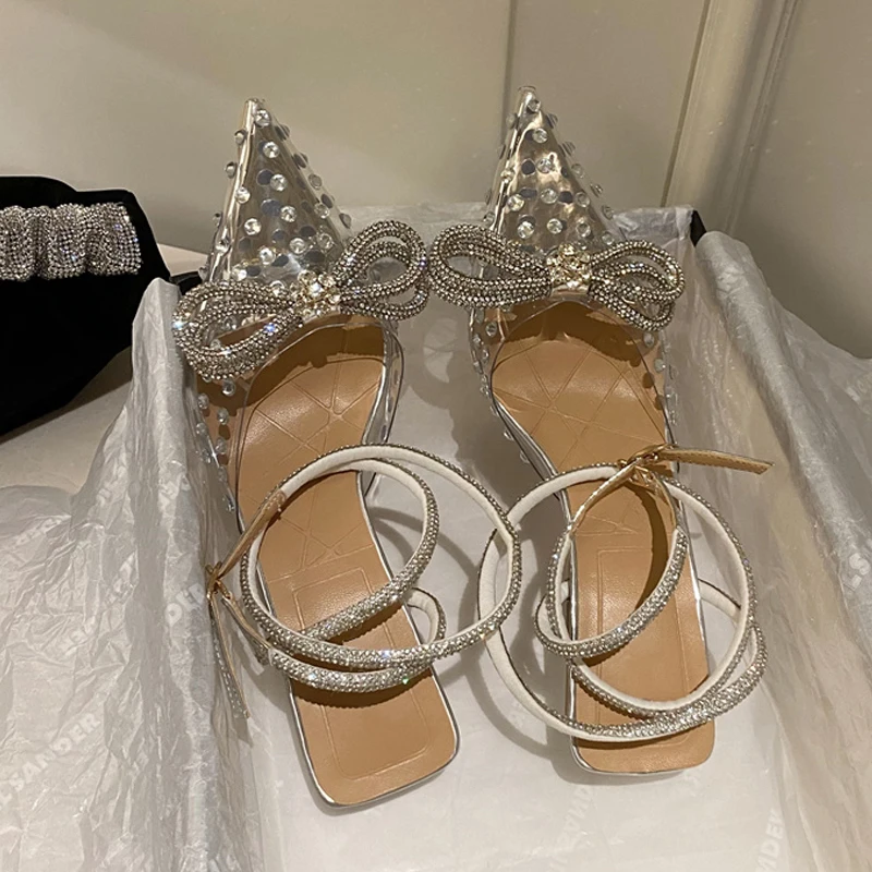 

Design Women Fashion PVC Clear Crystal Strap Thin Low Heel Pointed Buckle Strap Shallow Mouth Sandals women's pumps shoes Mujer