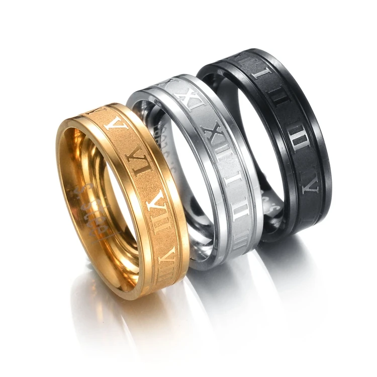 

Fashion Wholesale Gold Silver Black Gun Plated Titanium Stainless Steel Women Roman Number Rings Jewelry For Men, Color plated as shown