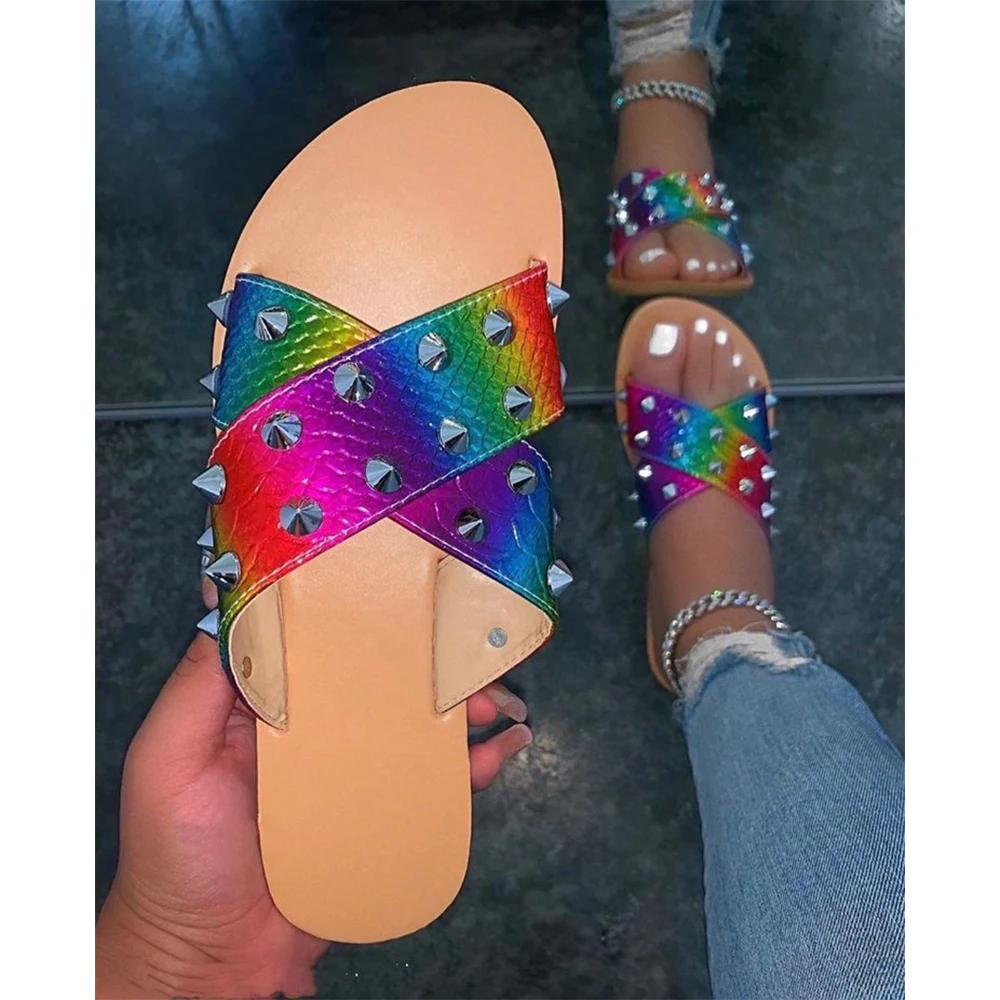 

New arrival flat sexy studded colorful sandals beach cross band slippers for women