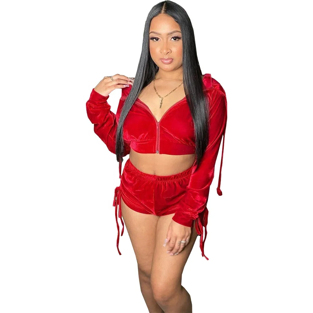 

Hot Selling Fall Hoodie 2pcs Sweatsuit Set Woman Velvet Pleated Shorts Set Women