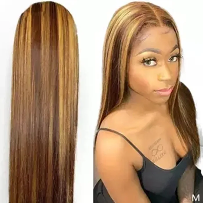 

Ombre Highlight Wig Brown Honey Blonde Colored HD Whole Lace Front Human Hair Wigs Straight Full 360 Lace Frontal Wig Remy