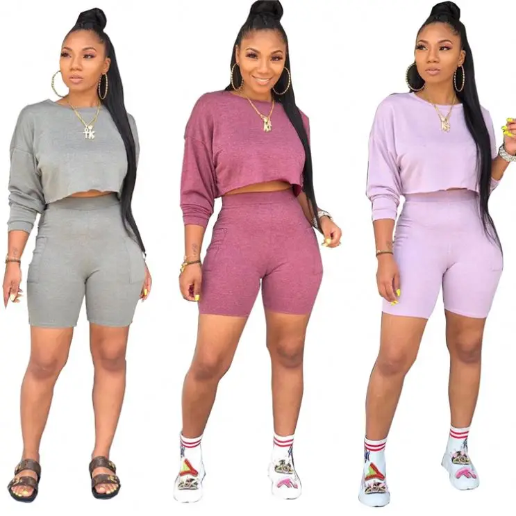 

0819M434 hot sell autumn fashion Bat shirt long sleeve round neck sport casual woman two piece short set womens 2 piece outfit