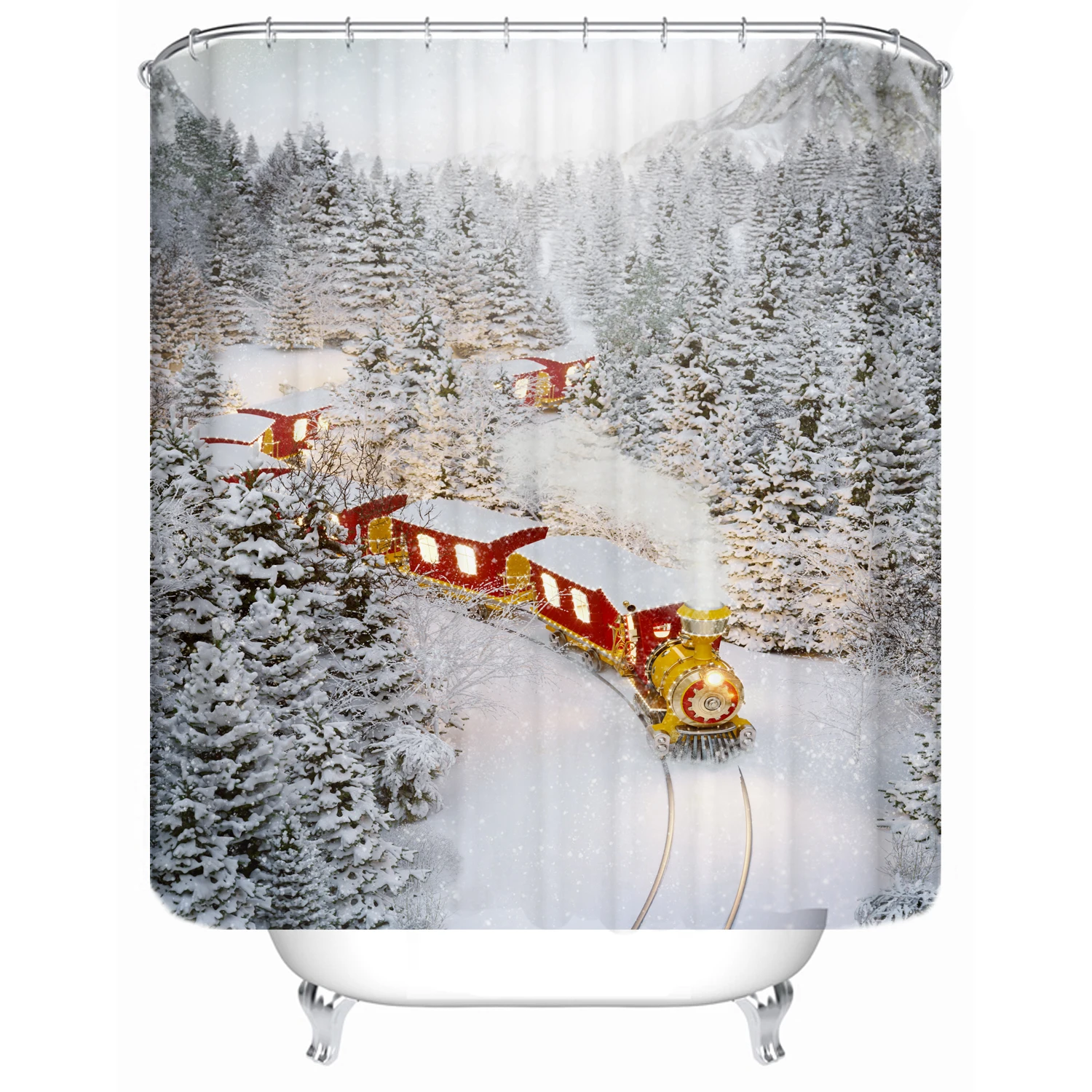 

180x180cm bathroom partition bathtub waterproof shower curtain snow train customizable printing shower curtain, Picture