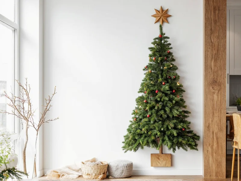 Vertical wooden Christmas tree mounted on wall with greenery