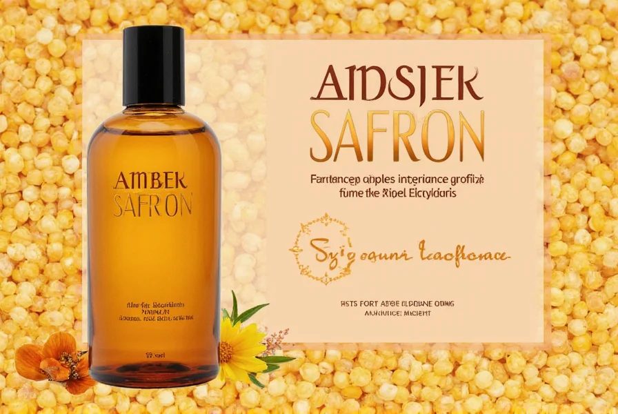 Close-up photography of Dossier Amber Saffron perfume bottle showing amber-colored liquid against minimalist background
