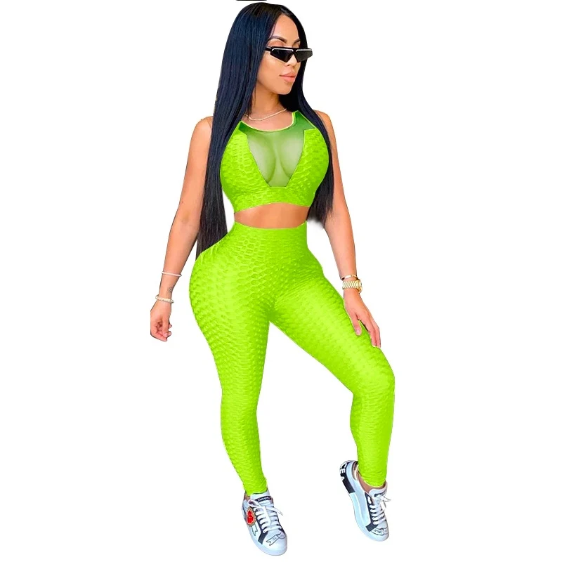 

2020 Outdoor Sportswear Fitness Gym Clothing Sexy Patchwork Women Sleeveless Green Translucent Sports Bra Plus Size Sets