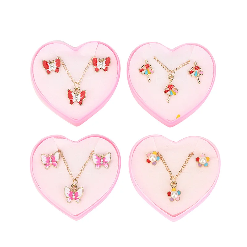 

Cartoon Cute Pink Flower butterfly Design Enamel Alloy Gold Color Necklaces earring Set Fashion Jewelry Kids Gift, Picture
