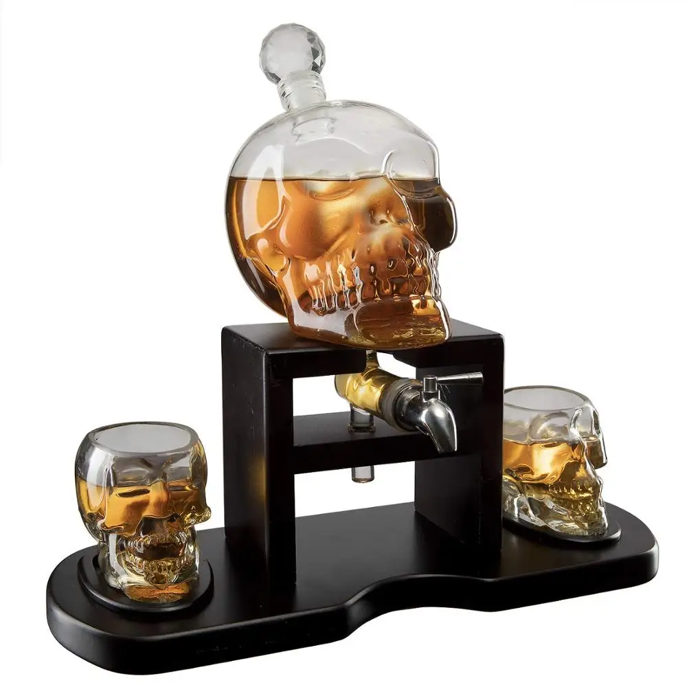 

Individuality Wooden Base Skull Whiskey Glass Decanter Set With Faucet