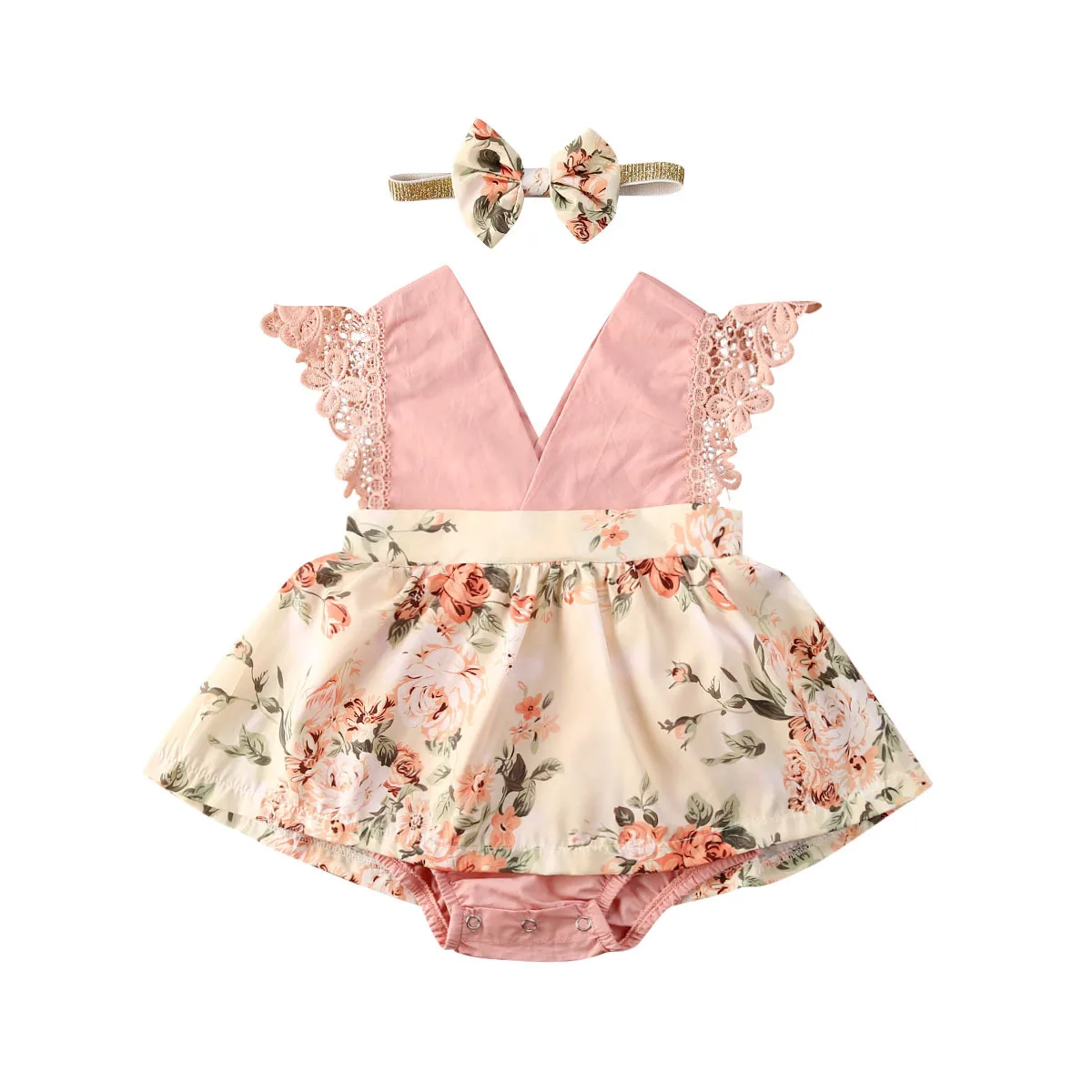 

Baby summer thin sleeveless lace small floral bodice dress bow scarf 2 piece romper suit