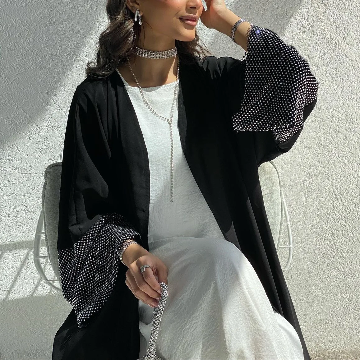 

Bicomfort New Middle East Style Breathable Linen Robe with Stretch Diamond Patchwork Modest Islamic Dress Muslim Women Dubai