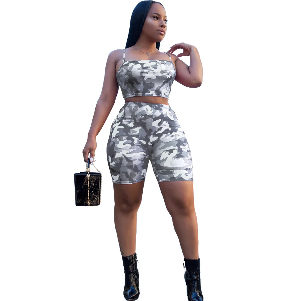 

Fashion Camouflage Army Crop Top And Shorts Two 2 Piece Set Outfit Women Summer Clothing