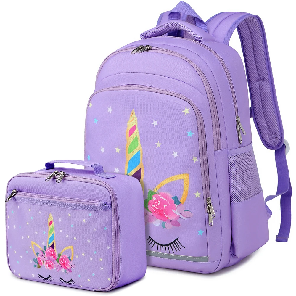 

2021 New Customize Unicorn Kids Backpack Set Polyester Primary School bags, Purper