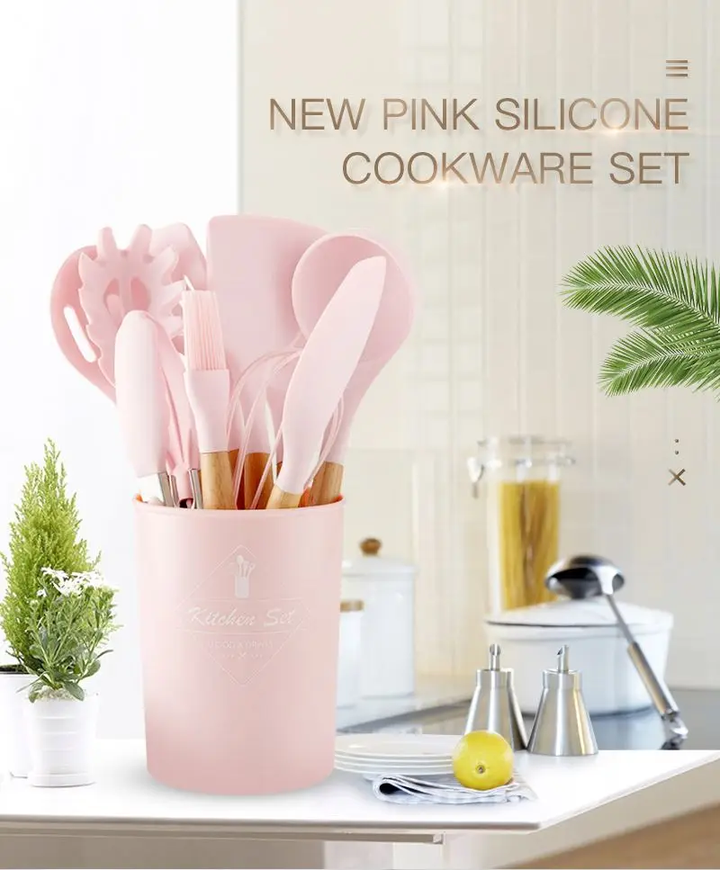 

12 pieces Pink Amazon Hot Sale home kitchenware gadgets nonstick silicone cooking set kitchen utensils with plastic holder