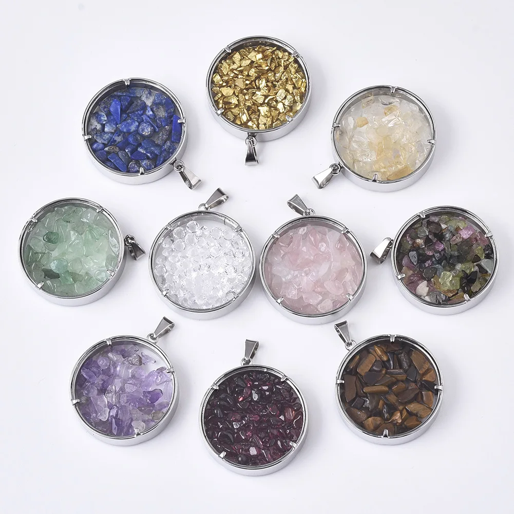 

PandaHall Natural Gemstone Transparents Flat Round Pendants, Mixed color