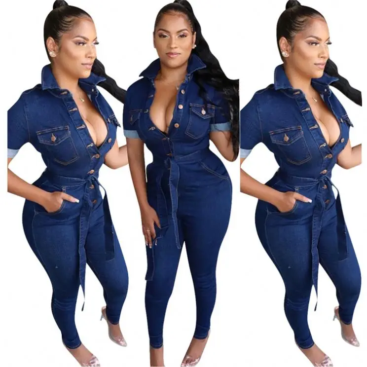 

0919M184 new arrival fashion long sleeve bandage woman sexy denim bodycon jumpsuit