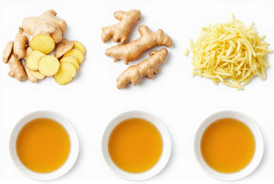 Various ways to prepare raw ginger including slicing, grating, and steeping in tea