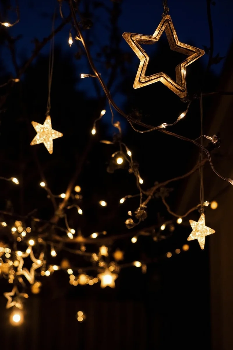 Trees wrapped with star lights for festive backyard decoration
