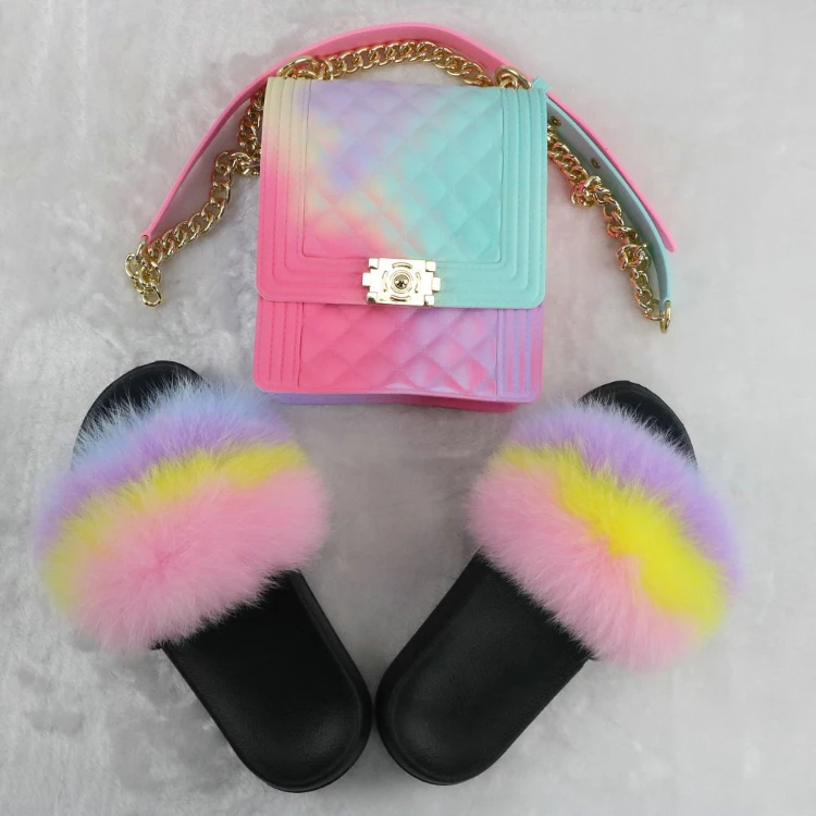 

Frosted matte rhombus pattern small fragrant jelly chain bag with fox fur ladies sandals and slippers set, Customizable