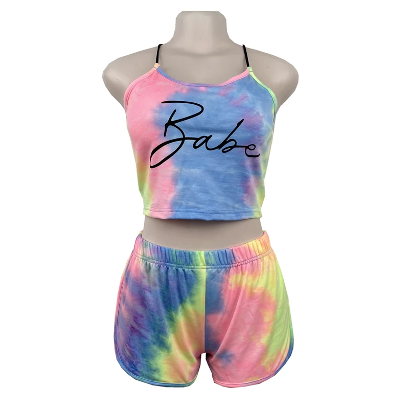 

2021 Hot sell Tie dye clothes Women Biker Shorts Two Piece Set Outfit Summer jogger Sets camisole and shorts 2 piece sets