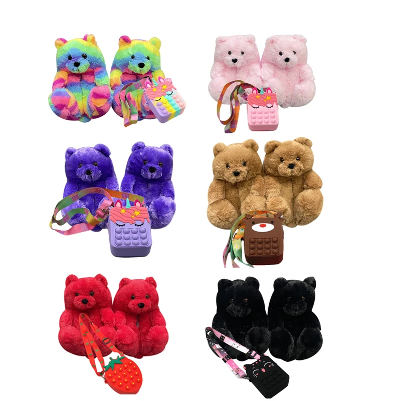 

Silicone Popit Kids Bag & Teddy Bear Matching Slippers Set Children Kids House Shoes Coin Purse and Handbags, Picture color