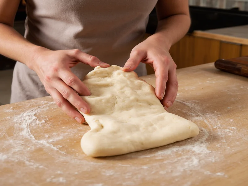 Hands performing stretch and fold technique on ciabatta dough
