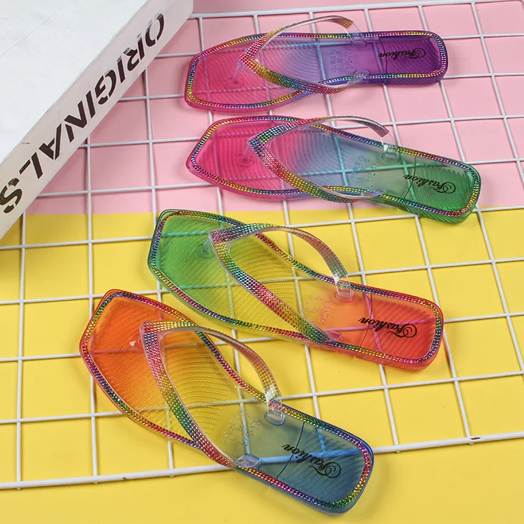 

JY 2021 Fashion New style Summer Colorful transparent sole shoes Diamonds herringbone shoelace Ladies slippers, Customized color